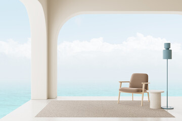 Minimalist coastal interior design with beige armchair, blue floor lamp and round table in serene ocean view concept scene. 3D Rendering. 3D Rendering