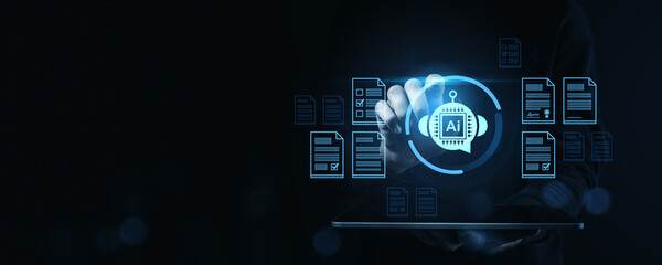 Artificial intelligence chatbot managing digital documents on futuristic interface as concept for automation and data processing in modern technology systems.