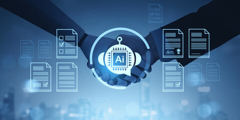 Business handshake with AI chip symbol and digital documents representing artificial intelligence partnership concept in technology and automation world.