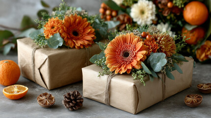 Elegantly Wrapped Gifts Adorned with Orange Flowers and Greenery