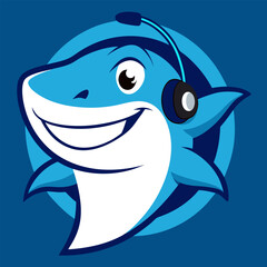 Naklejka premium Gaming Shark Mascot with Headset Over Deep Sea Blue Background