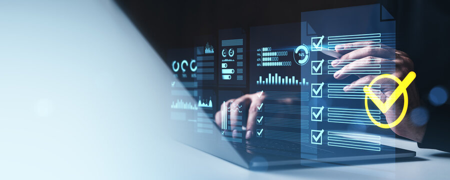 Digital checklist and data analytics concept with futuristic user interface and compliance verification on virtual screen in tech environment background.