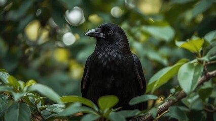Fototapeta premium Portrait of a black bird resting on a branch surrounded by forest greenery