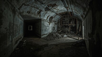 Split passage within a deserted Cold War bunker, once a reserve command hub for a fleet