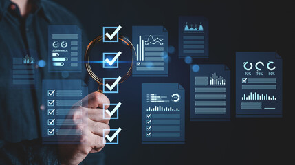 Businessman holding magnifying glass over digital checkboxes and analytics documents representing data verification and whitelist concept on dark background.