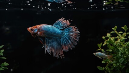 Fototapeta premium Bright blue Betta fish set on an entirely black canvas