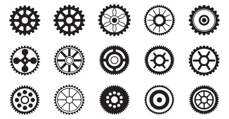 Set of Black Silhouette Gear Icons in Various Designs for Industrial Use