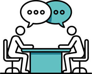 Illustration of two people sitting at a table with speech bubbles above their heads discussing
