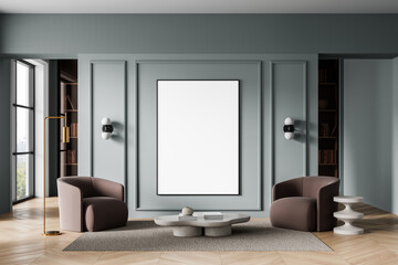 Blank poster mockup in elegant modern interior with armchairs, coffee table, and decorative wall panels in soft lighting setup. 3D Rendering