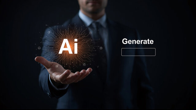 Man in suit presenting AI generation concept with glowing circuitry and text artificial intelligence