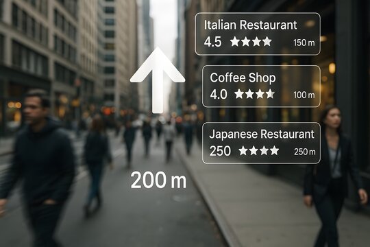 Augmented Reality Glasses Showing Restaurant Ratings and Directions on Busy City Street