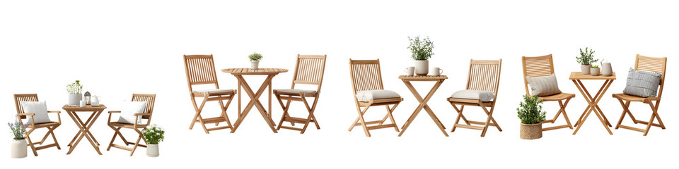 Outdoor Wooden Table and Chair Sets with Decor, Isolated on White
