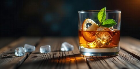 Amber whiskey, ice clinking, smoky haze on wood, alcohol, amber