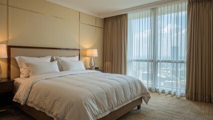 Hotel room featuring a bed with cushions and a duvet
