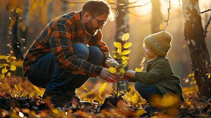 father and son are planting a tree in the forest - Powered by Adobe