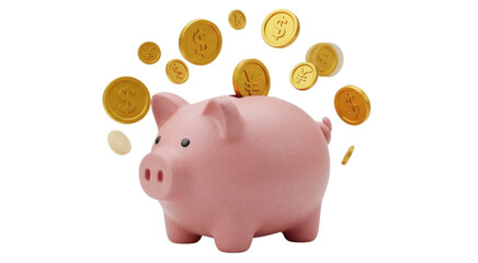 Saving money feels easy with this cute piggy bank and flying gold coins representing growth and prosperity