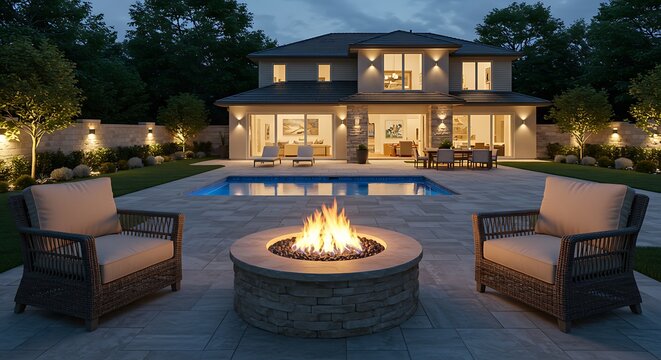 Luxury modern home with swimming pool and fire pit at dusk