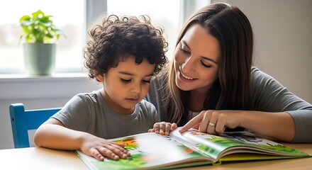 Fototapeta premium Mother and son reading a book together at a table