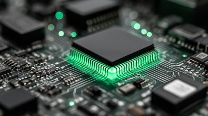 Close-up of a Circuit Board with Illuminated Green Traces and Central Processor