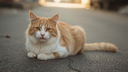 Elegant white and tangerine cat strolling along the road
