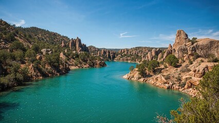 Stunning view of a lake surrounded by granite formations in a scenic desert area.