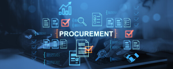Procurement digital strategy concept with icons and documents over business team using technology on blue background in modern style.