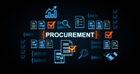 Procurement digital concept with data icons, contract documents, charts, and checkboxes on dark background glowing with futuristic blue light. 3D Rendering