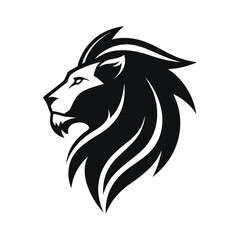 Striking graphic representation of a lions head, emphasizing its powerful mane and intense gaze, presented in a clean black and white design, isolated on a white background