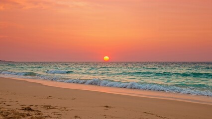 Fototapeta premium Stunning evening seaside featuring gentle waves and sandy beach, sunset sky blending into the distance. Coastal scene for serene moments
