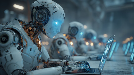 Robotic entities with advanced technology interfaces working on laptops in a futuristic setting
