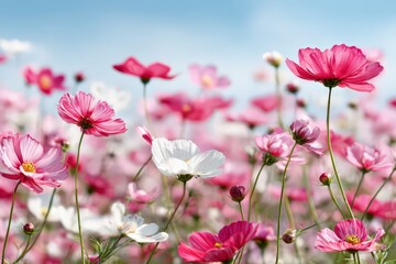 Vibrant Pink And White Cosmos Flowers Against Blue Sky