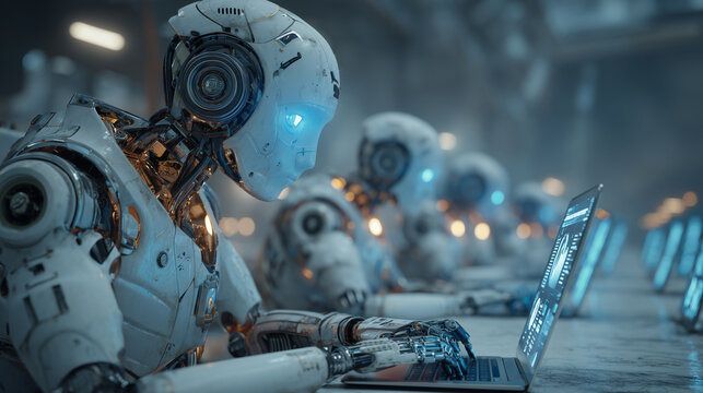 Robotic entities with advanced technology interfaces working on laptops in a futuristic setting