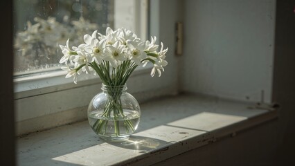 Fresh spring floral arrangements showcased in clear glass on a subtle window ledge