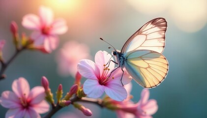 Obraz premium Pastel butterfly on blooming jasmine, soft spring light , bright, natural