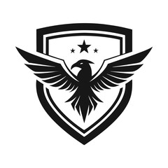 Obraz premium Striking black and white heraldic shield featuring a stylized eagle with outstretched wings, symbolizing power, protection, and freedom, isolated on a clean white background