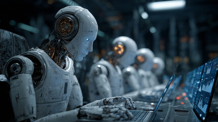Fototapeta premium Robotic entities working on laptops in a futuristic facility