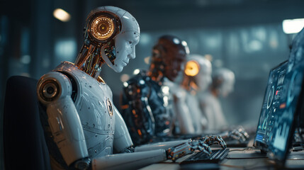 Row of advanced humanoid robots working at computer terminals in a futuristic lab
