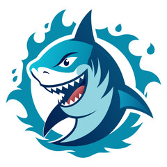 Symmetrical Shark Mascot with Splash Effects and Fierce Open Jaw in Crisp Blue Tones