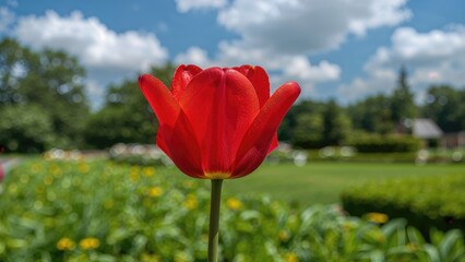 Obraz premium Striking red tulip blossoming in the daylight garden