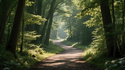 Obraz premium Sunlit Forest Pathway with Dappled Light and Lush Greenery