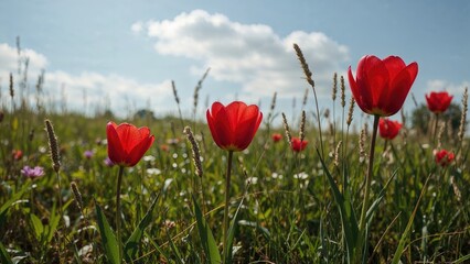 Fototapeta premium Bright Red Tulips Blossoming in Natural Surroundings