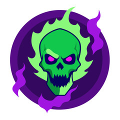 Glowing Green Skull with Cracked Forehead and Purple Smoke Ring, Encased in Jagged Vector Elements for Horror-Themed Branding