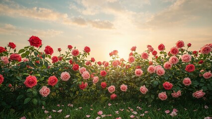 Scenic rose garden featuring bright red and soft pink blossoms
