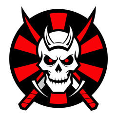 Samurai Skull with Crossed Katanas and Red Ribbons, Framed by a Black Sunburst for Martial Esports Identity