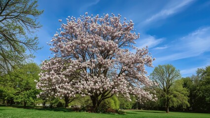 Naklejka premium Stunning rosy magnolia blossoms set against a lush garden backdrop
