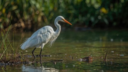 Naklejka premium Serene bird standing by water, ready to catch fish