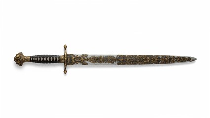 Antique sword featuring a bronze grip displayed against a white backdrop.