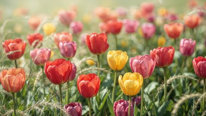 Fototapeta premium Close-up of bright tulip blooms spread across a scenic meadow, perfect springtime floral pattern.