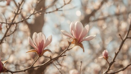 Magnolia Tree Covered in Vibrant Flowers with Blurred Background