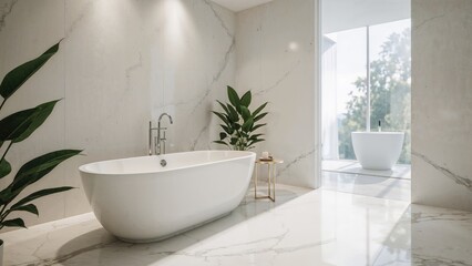 Fototapeta premium Sophisticated white modern bathtub accentuating bathroom decor